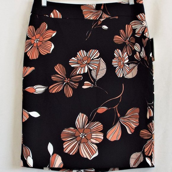 NWT Nine West Black Copper Floral Print Crepe Stretch Slim Pencil Skirt Size 6 - Picture 4 of 11